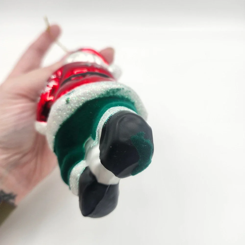 Vintage Style Glass Santa Ornament Red Coat Green Flocked‎ Pants Gift Bag